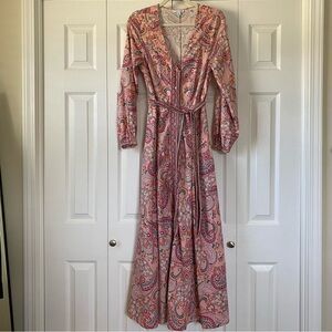 VENUS Pink Paisley Maxi Dress, Belted Waist, Button Front, Long Sleeve, Size 8